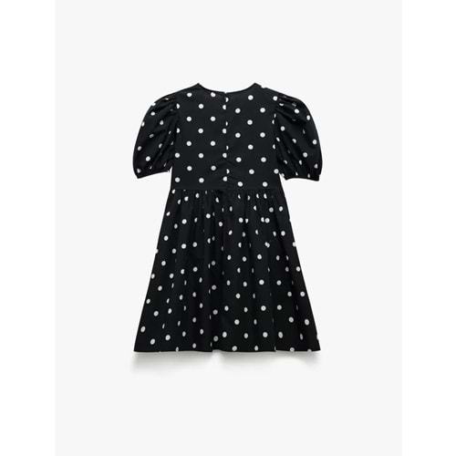 Kız Çocuk Pamuklu Balon Kollu Yuvarlak Yaka Kurdele Detaylı Puantiyeli Elbise 5SKG80068AW