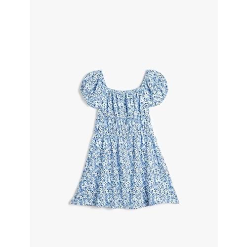 Kız Çocuk Çiçek Desenli Bisiklet Yaka Kısa Kollu Mini Elbise 5SKG80009AK