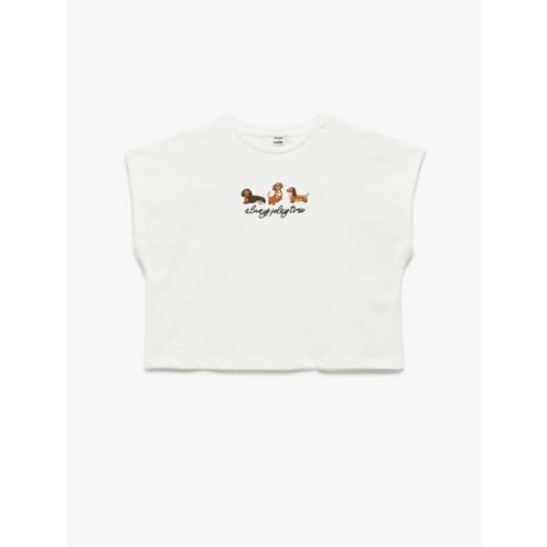 Kız Çocuk Nakış Detaylı Kısa Kollu Pamuklu Crop Tişört 5SKG10490AK - KOTON - EKRU - 7-8 YAŞ