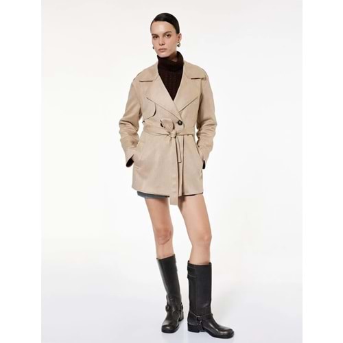 Cepli Düğmeli Uzun Kollu Kruvaze Kemerli Suni Süet Trençkot 6WAK20251EW