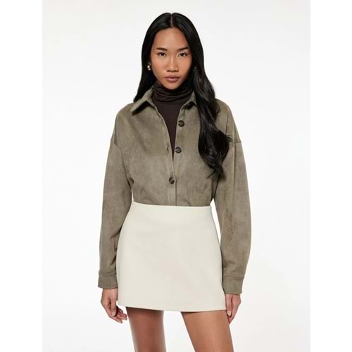 Kruvaze Uzun Kollu Düğmeli Suni Süet Gömlek Ceket