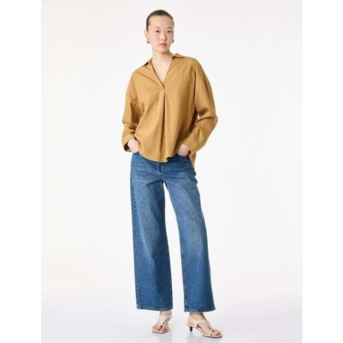 Modal Kumaş Uzun Kollu V Yaka Oversize Çizgili Gömlek 6SAK60158PW