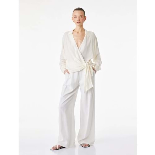 Viskon Gömlek Yaka Uzun Kollu Yandan Bağlama Detaylı Bluz 6SAK60216PW