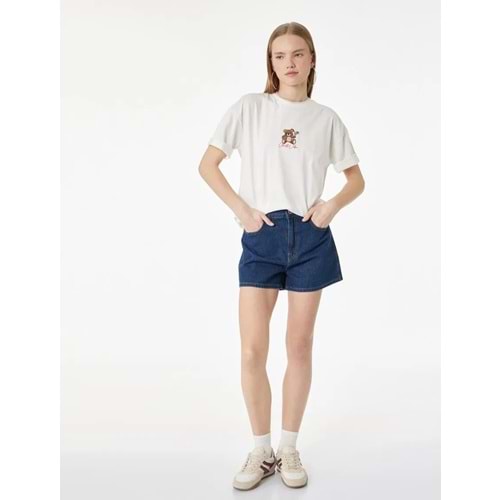 Ayıcık Nakışlı Bisiklet Yaka Pamuklu Oversize Tişört 6SAL10135IK