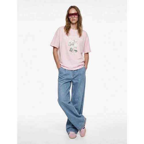 Kısa Kollu Bisiklet Yaka Pamuklu Çiçek Baskılı Oversize Tişört 6SAL10106IK