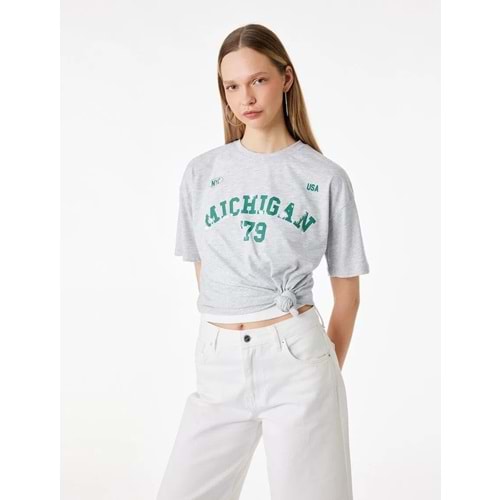 Rahat Kalıp Kısa Kollu Bisiklet Yaka Baskılı Tişört 6SAL10664IK