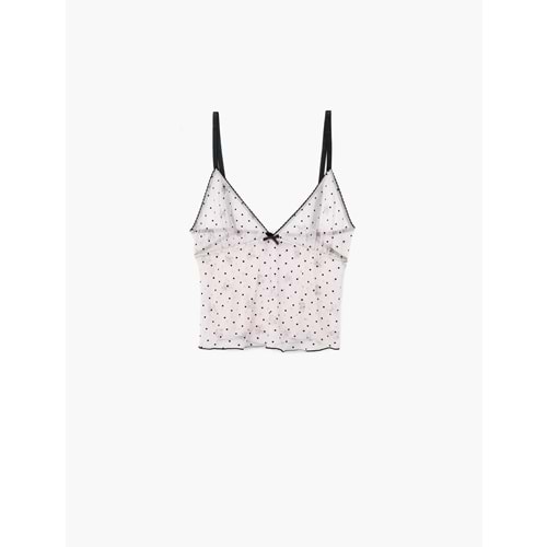 Puantiyeli V Yaka Slim Fit Fiyonklu Tüllü Crop Pijama Üstü - 7WLK90004MK