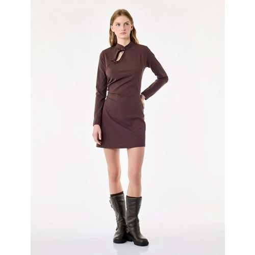 Pencere Detaylı A Kesim Qipao Yaka Fiyonklu Uzun Kollu Krep Mini Elbise - 7WAL80033IK