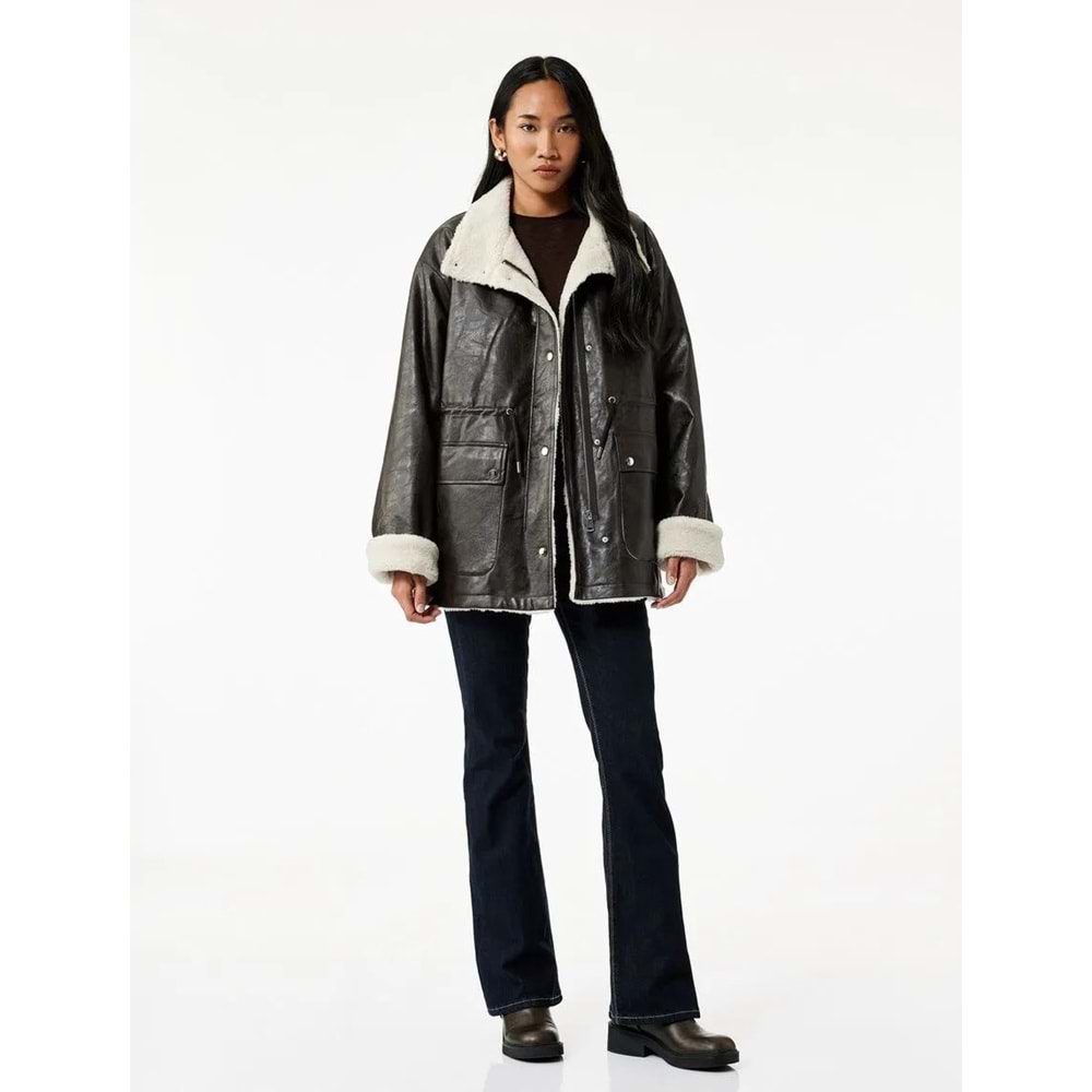 Kadın Giyim Bonded Kaban Uzun Kollu Kruvaze İçi Peluş Astarlı - KOTON - 6WAK00049EW - KAHVERENGİ - 44