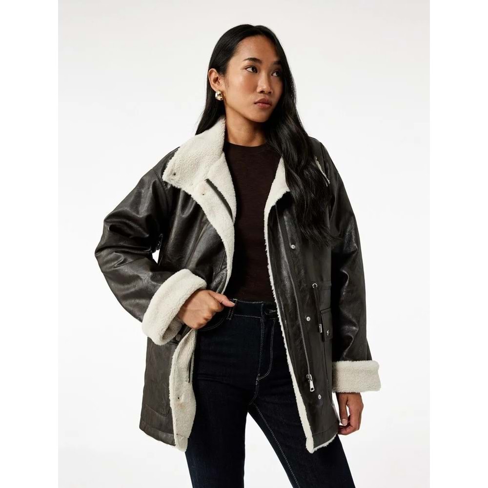 Kadın Giyim Bonded Kaban Uzun Kollu Kruvaze İçi Peluş Astarlı - KOTON - 6WAK00049EW - KAHVERENGİ - 44