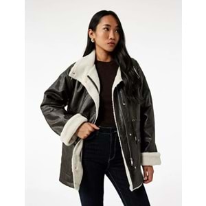 Kadın Giyim Bonded Kaban Uzun Kollu Kruvaze İçi Peluş Astarlı - KOTON - 6WAK00049EW - KAHVERENGİ - 44