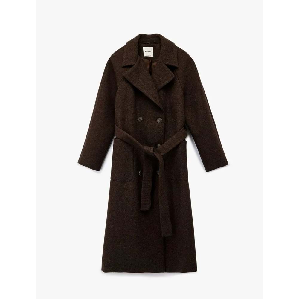 Kadın Giyim Uzun Kollu Cepli Kemerli Düğmeli Uzun Kaşe Kaban - KOTON - 6WAK00192EW - KAHVERENGİ - 44