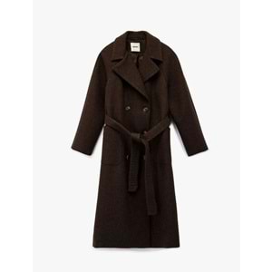 Kadın Giyim Uzun Kollu Cepli Kemerli Düğmeli Uzun Kaşe Kaban - KOTON - 6WAK00192EW - KAHVERENGİ - 44