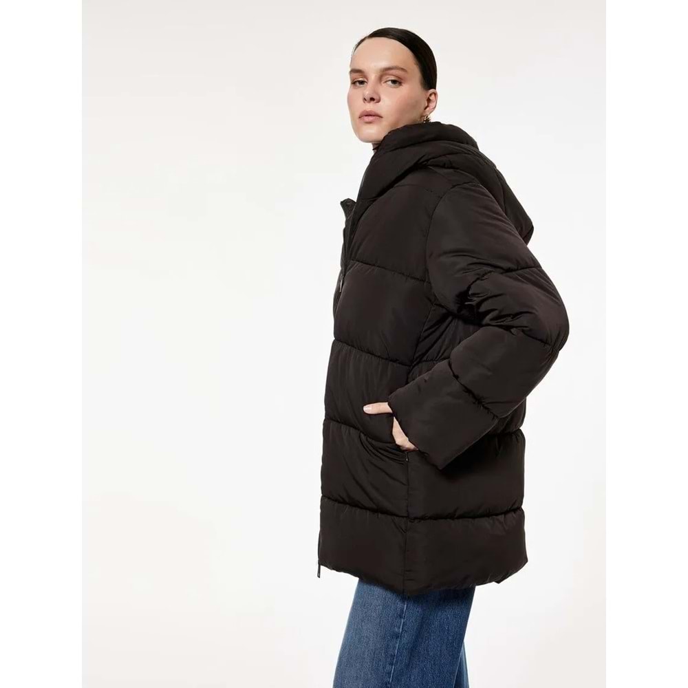 Kadın Giyim Fermuarlı Uzun Kollu Su İtici Kapüşonlu Oversize Şişme Mont - KOTON - 6WAK00220EW - KAHVERENGİ - 34