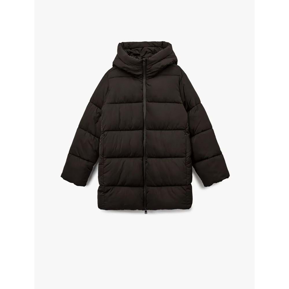 Kadın Giyim Fermuarlı Uzun Kollu Su İtici Kapüşonlu Oversize Şişme Mont - KOTON - 6WAK00220EW - KAHVERENGİ - 34