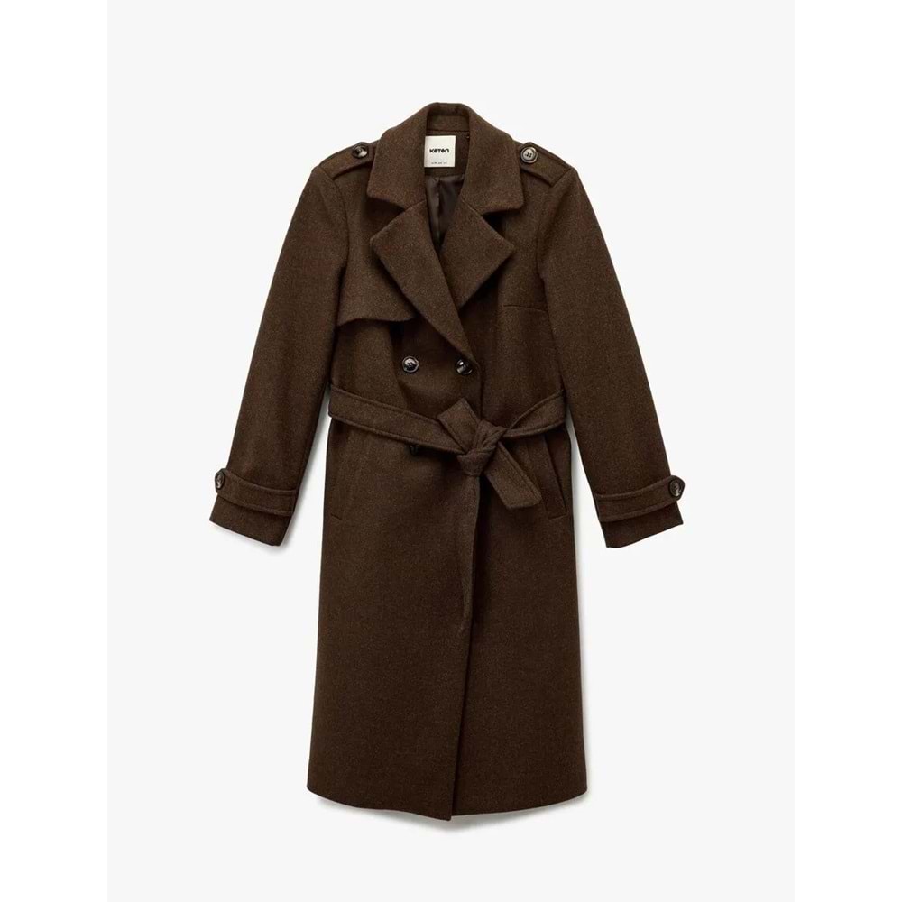 Kadın Giyim Trenç Kaban Kaşe Cepli Kemerli Kruvaze Uzun Kollu - KOTON - 6WAK00237EW - KAHVERENGİ - 34