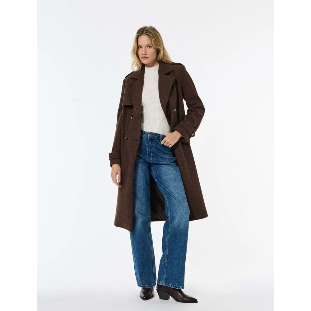 Kadın Giyim Trenç Kaban Kaşe Cepli Kemerli Kruvaze Uzun Kollu - KOTON - 6WAK00237EW - KAHVERENGİ - 34
