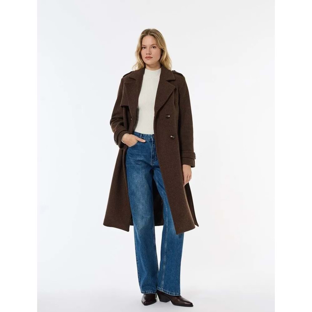 Kadın Giyim Trenç Kaban Kaşe Cepli Kemerli Kruvaze Uzun Kollu - KOTON - 6WAK00237EW - KAHVERENGİ - 34