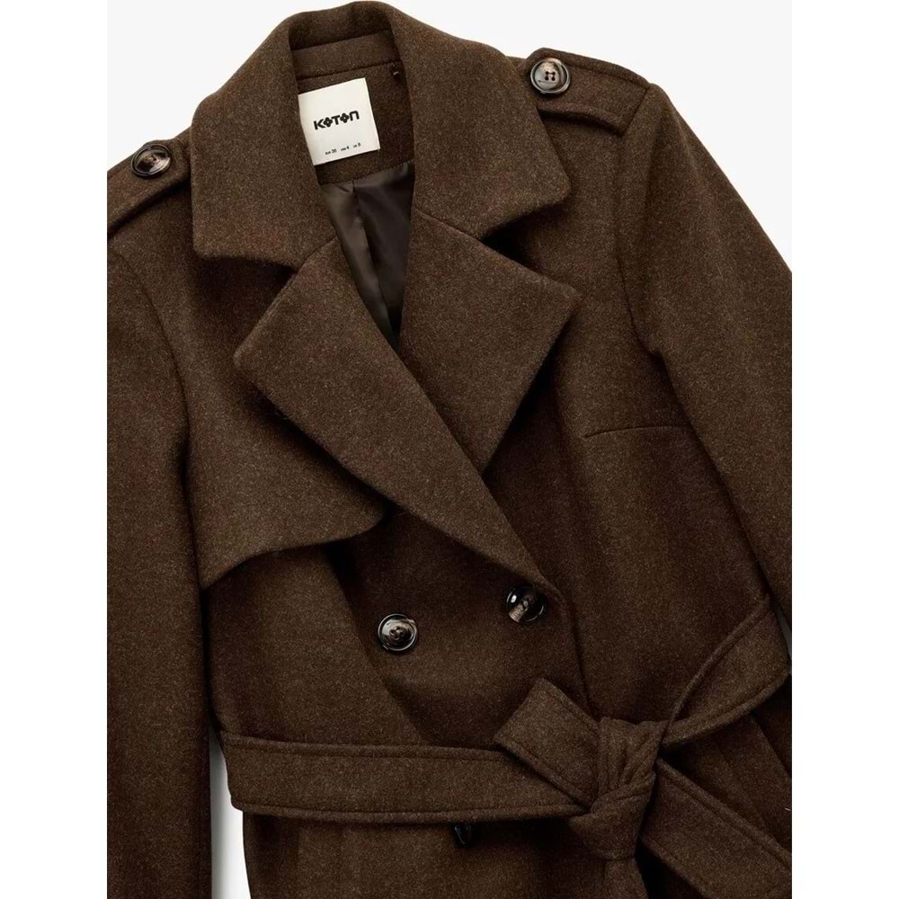 Kadın Giyim Trenç Kaban Kaşe Cepli Kemerli Kruvaze Uzun Kollu - KOTON - 6WAK00237EW - KAHVERENGİ - 34