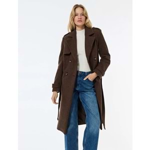 Kadın Giyim Trenç Kaban Kaşe Cepli Kemerli Kruvaze Uzun Kollu - KOTON - 6WAK00237EW - KAHVERENGİ - 34