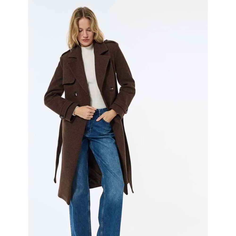 Kadın Giyim Trenç Kaban Kaşe Cepli Kemerli Kruvaze Uzun Kollu - KOTON - 6WAK00237EW - KAHVERENGİ - 34