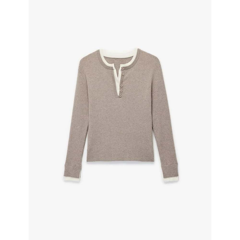 Kadın Giyim Düğmeli Uzun Kollu Bisiklet Yaka Triko Kazak - KOTON - 6WAK90404HT - VİZON - S