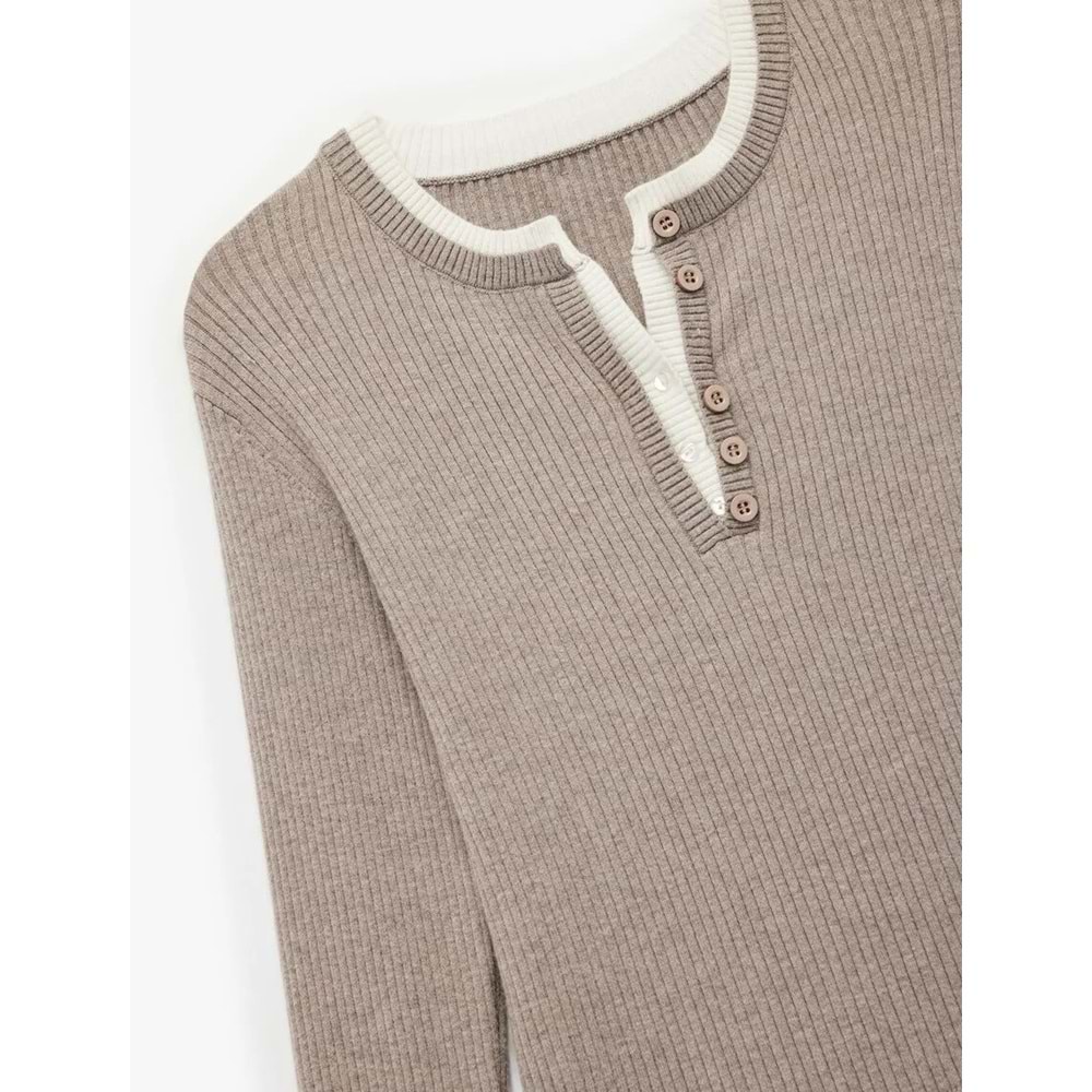 Kadın Giyim Düğmeli Uzun Kollu Bisiklet Yaka Triko Kazak - KOTON - 6WAK90404HT - VİZON - S