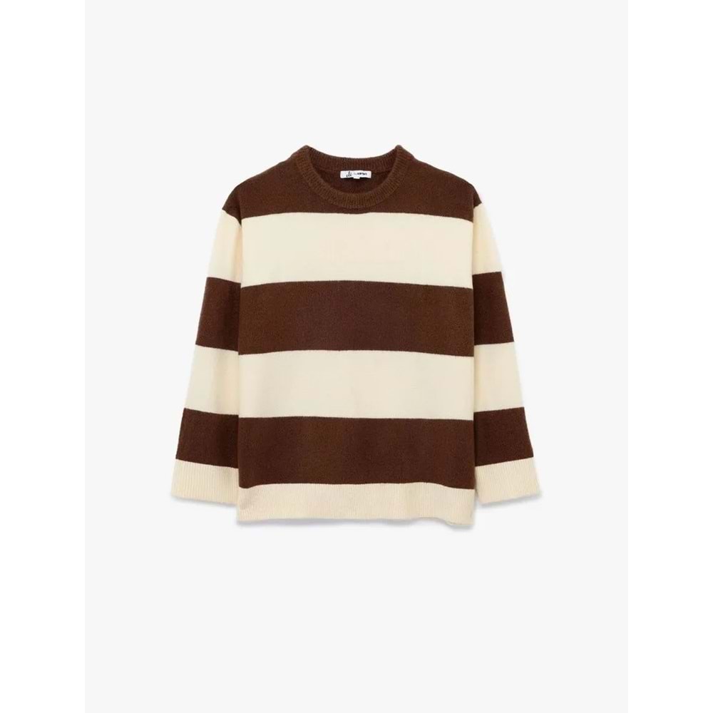 Kadın Giyim Uzun Kollu Çizgili Bisiklet Yaka Triko Kazak - KOTON - 6WAL90131HT - KAHVERENGİ ÇİZGİLİ - M