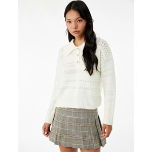 Kadın Giyim Ajurlu Uzun Kollu Taşlı Düğmeli Polo Yaka Triko Kazak - KOTON - 6WAL90122HT - EKRU - L