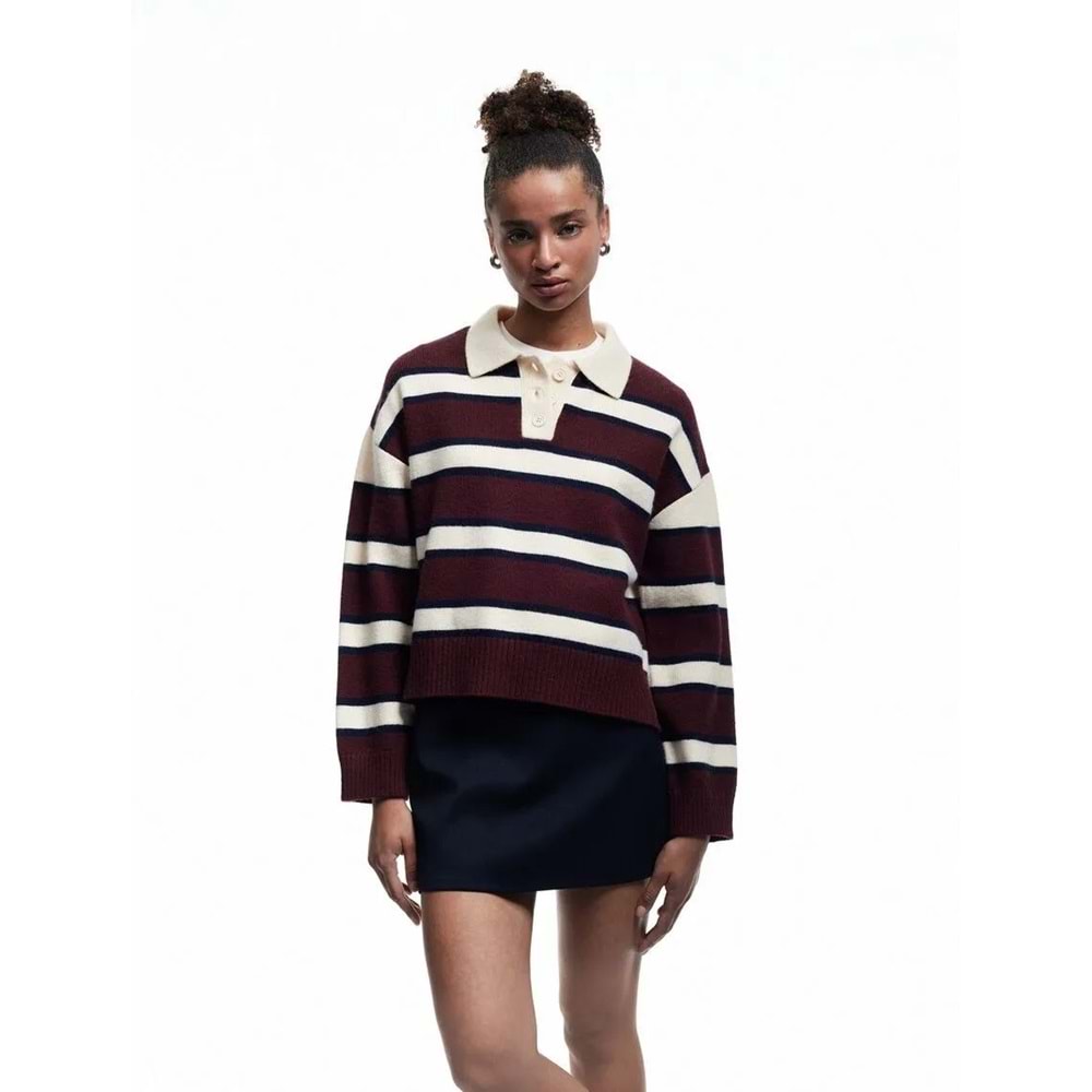Kadın Giyim Polo Yaka Çizgili Triko Kazak - KOTON - 6WAL90014HT - BORDO - XS