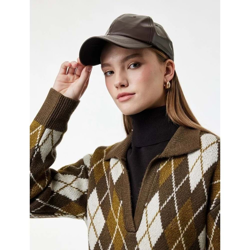 Kadın Giyim Polo Yaka Baklava Desenli Triko Kazak - KOTON - 6WAL90050IT - YEŞİL DESENLİ - S