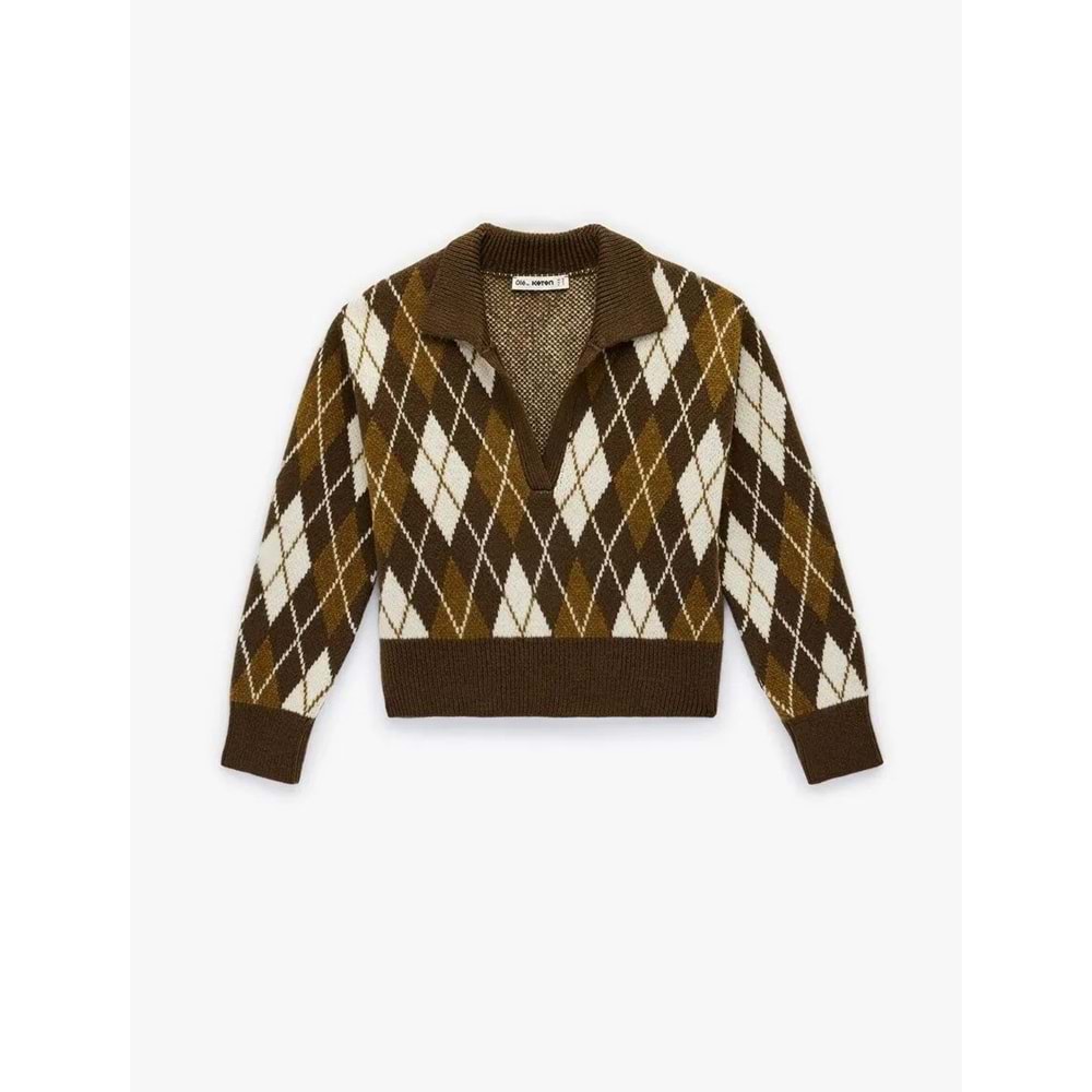 Kadın Giyim Polo Yaka Baklava Desenli Triko Kazak - KOTON - 6WAL90050IT - YEŞİL DESENLİ - S