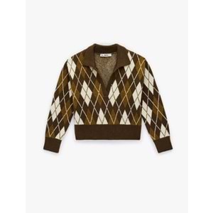 Kadın Giyim Polo Yaka Baklava Desenli Triko Kazak - KOTON - 6WAL90050IT - YEŞİL DESENLİ - S