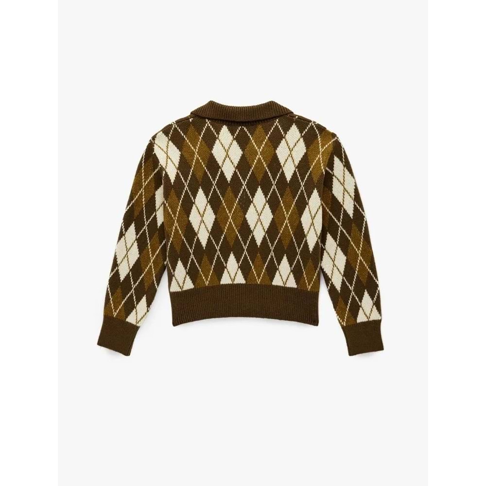 Kadın Giyim Polo Yaka Baklava Desenli Triko Kazak - KOTON - 6WAL90050IT - YEŞİL DESENLİ - S