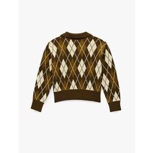 Kadın Giyim Polo Yaka Baklava Desenli Triko Kazak - KOTON - 6WAL90050IT - YEŞİL DESENLİ - S