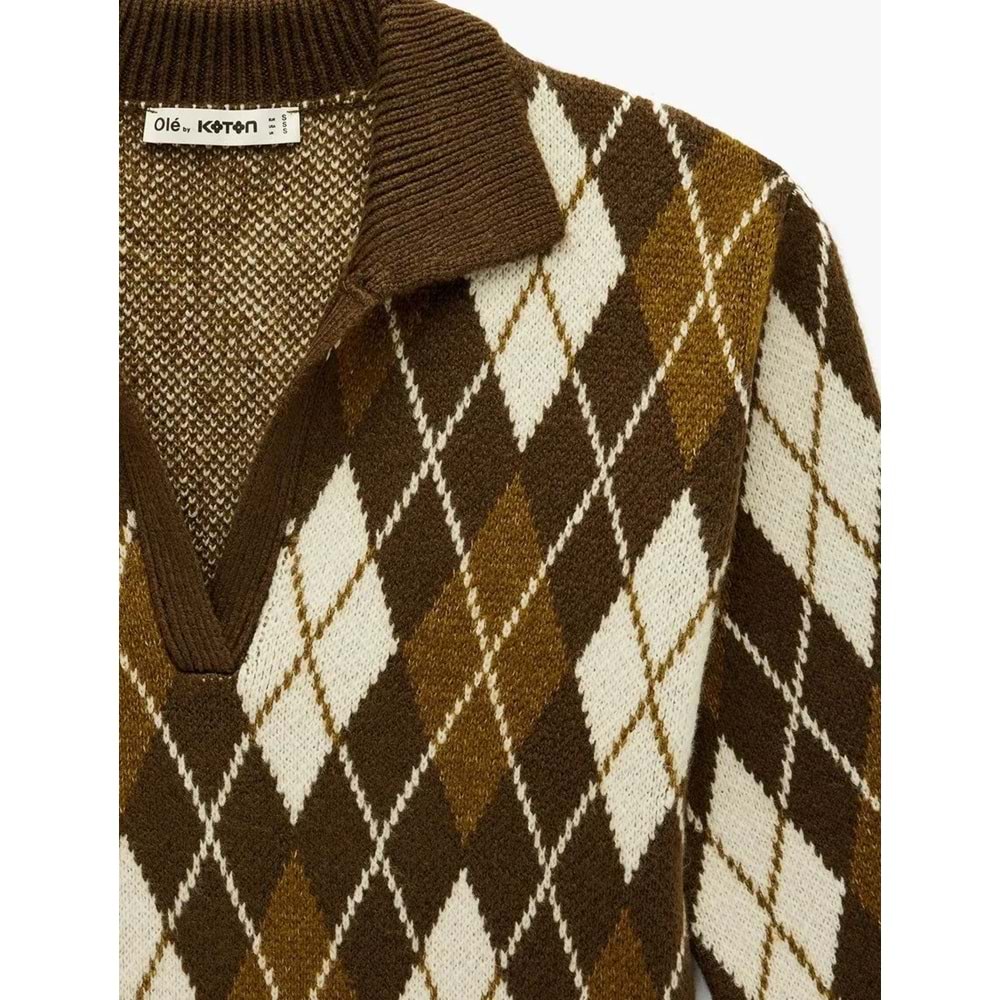 Kadın Giyim Polo Yaka Baklava Desenli Triko Kazak - KOTON - 6WAL90050IT - YEŞİL DESENLİ - S