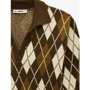 Kadın Giyim Polo Yaka Baklava Desenli Triko Kazak - KOTON - 6WAL90050IT - YEŞİL DESENLİ - S