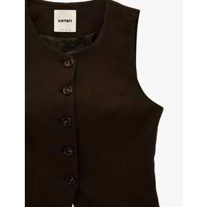Kadın Giyim Viskon Karışımlı Düğmeli Bisiklet Yaka Slim Fit Kolsuz Yelek - KOTON - 6SAK20027PW - KAHVERENGİ - 34