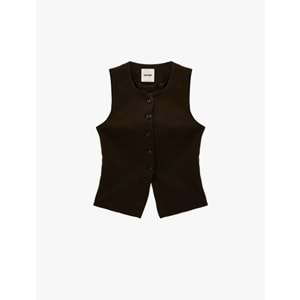 Kadın Giyim Viskon Karışımlı Düğmeli Bisiklet Yaka Slim Fit Kolsuz Yelek - KOTON - 6SAK20027PW - KAHVERENGİ - 34