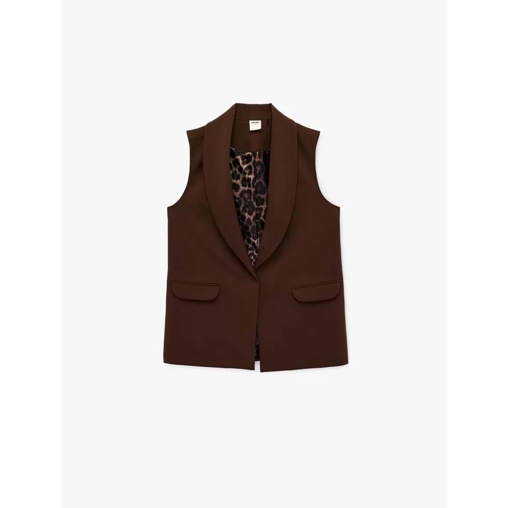 Kadın Giyim Astarı Leopar Desenli Cepli Uzun Blazer Yelek - KOTON - 6SAK20050UW - KAHVERENGİ - 36
