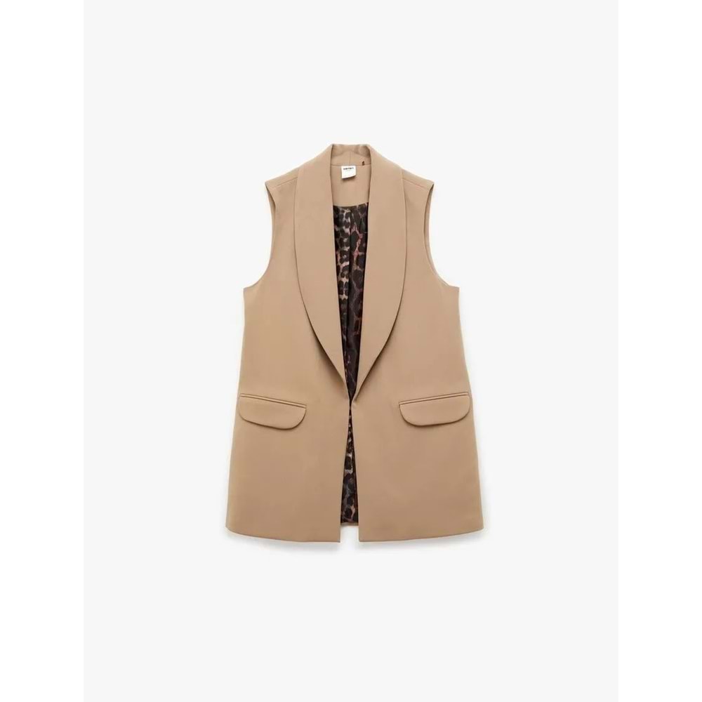 Kadın Giyim Astarı Leopar Desenli Cepli Uzun Blazer Yelek - KOTON - 6SAK20050UW - VİZON - 36