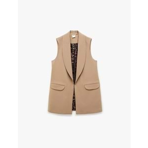 Kadın Giyim Astarı Leopar Desenli Cepli Uzun Blazer Yelek - KOTON - 6SAK20050UW - VİZON - 36