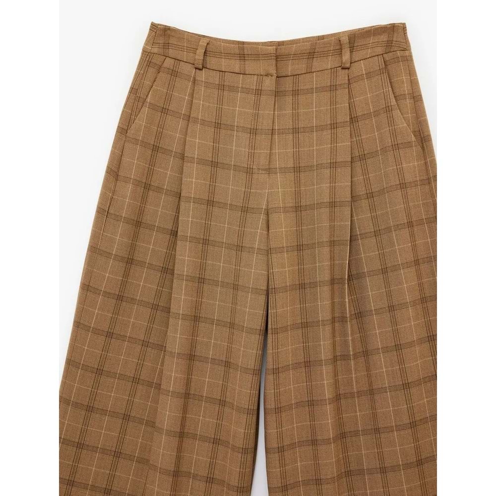 KadıN Giyim Cepli Pile Detaylı Geniş Paça Ekose Pantolon - KOTON - 6SAK40131PW - KAHVERENGİ EKOSE - 34