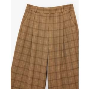 KadıN Giyim Cepli Pile Detaylı Geniş Paça Ekose Pantolon - KOTON - 6SAK40131PW - KAHVERENGİ EKOSE - 34