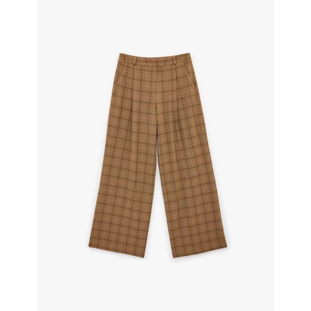KadıN Giyim Cepli Pile Detaylı Geniş Paça Ekose Pantolon - KOTON - 6SAK40131PW - KAHVERENGİ EKOSE - 34