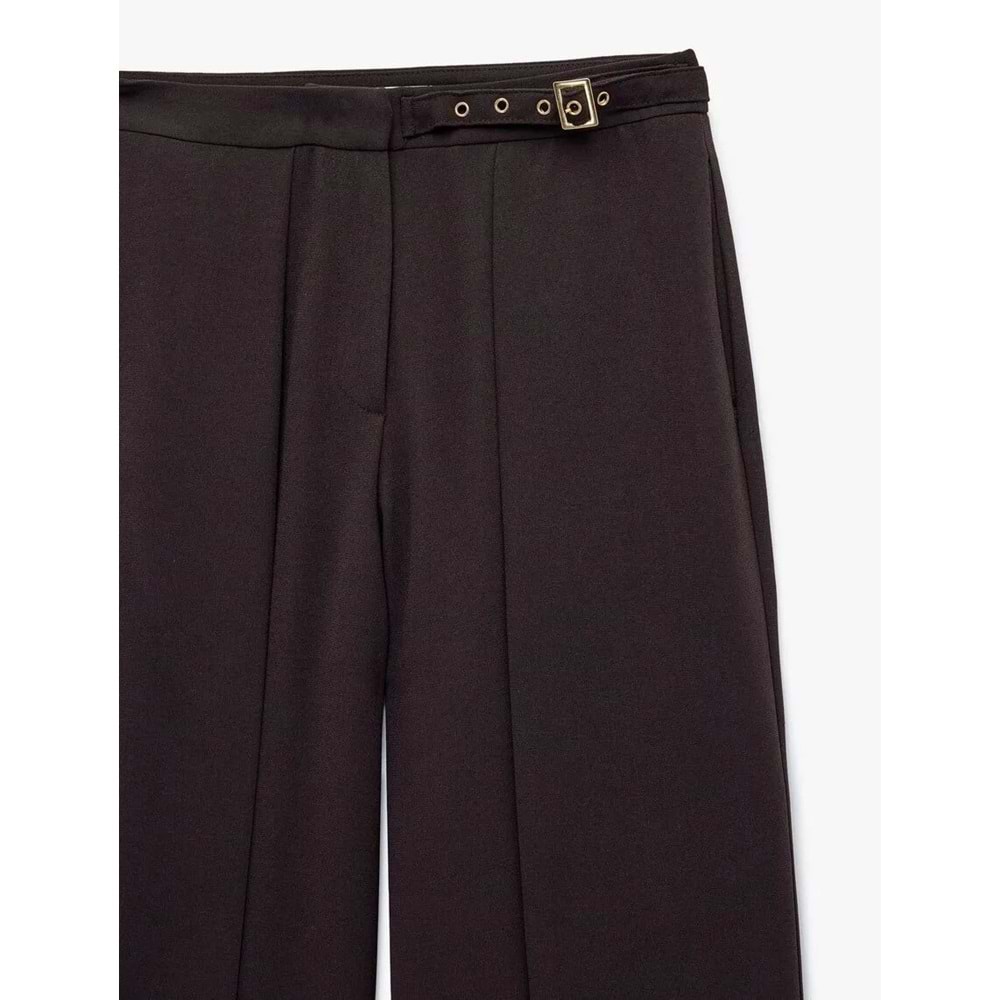 Kadın Giyim Krep Kumaş Kemerli Uzun Geniş Düz Paça Kapaklı Kumaş Pantolon - KOTON - 6SAK40164PW - KAHVERENGİ - 34