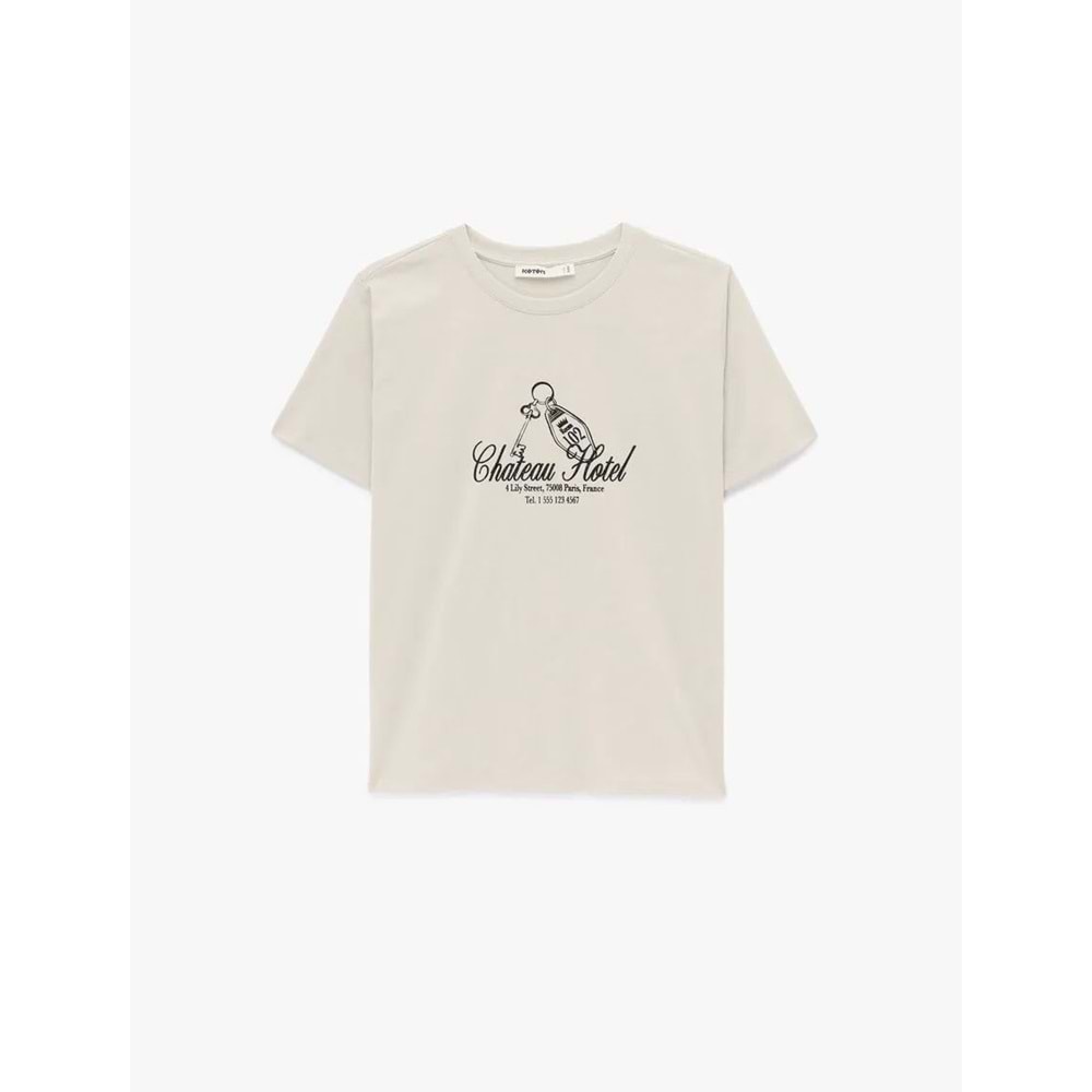 Kadın Giyim Pamuklu Kısa Kollu Bisiklet Yaka Baskılı Tişört - KOTON - 6SAK50052EK - BEJ - S