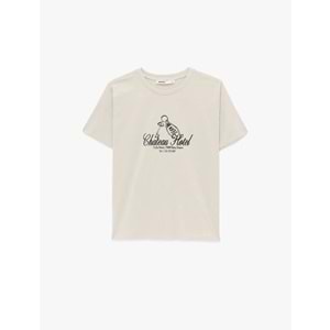 Kadın Giyim Pamuklu Kısa Kollu Bisiklet Yaka Baskılı Tişört - KOTON - 6SAK50052EK - BEJ - S