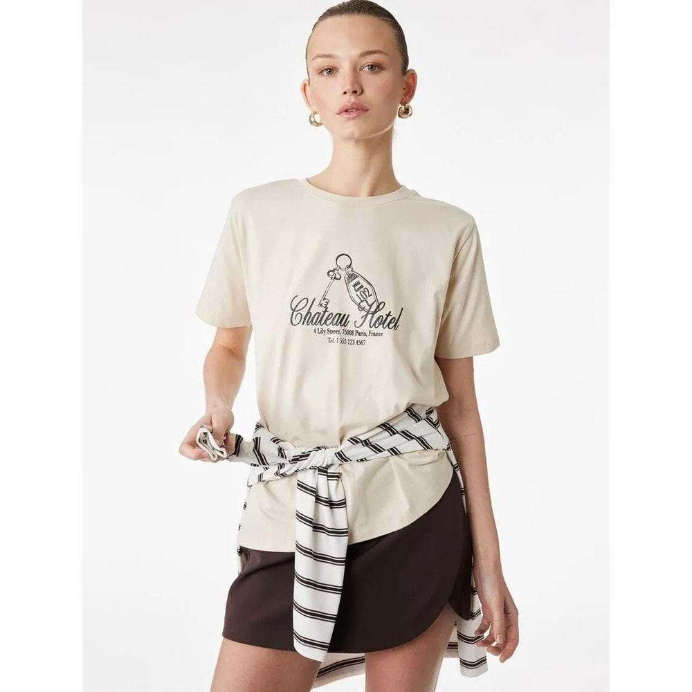 Kadın Giyim Pamuklu Kısa Kollu Bisiklet Yaka Baskılı Tişört - KOTON - 6SAK50052EK - BEJ - S