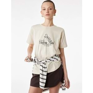 Kadın Giyim Pamuklu Kısa Kollu Bisiklet Yaka Baskılı Tişört - KOTON - 6SAK50052EK - BEJ - S